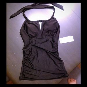Halter-style, black tankini top